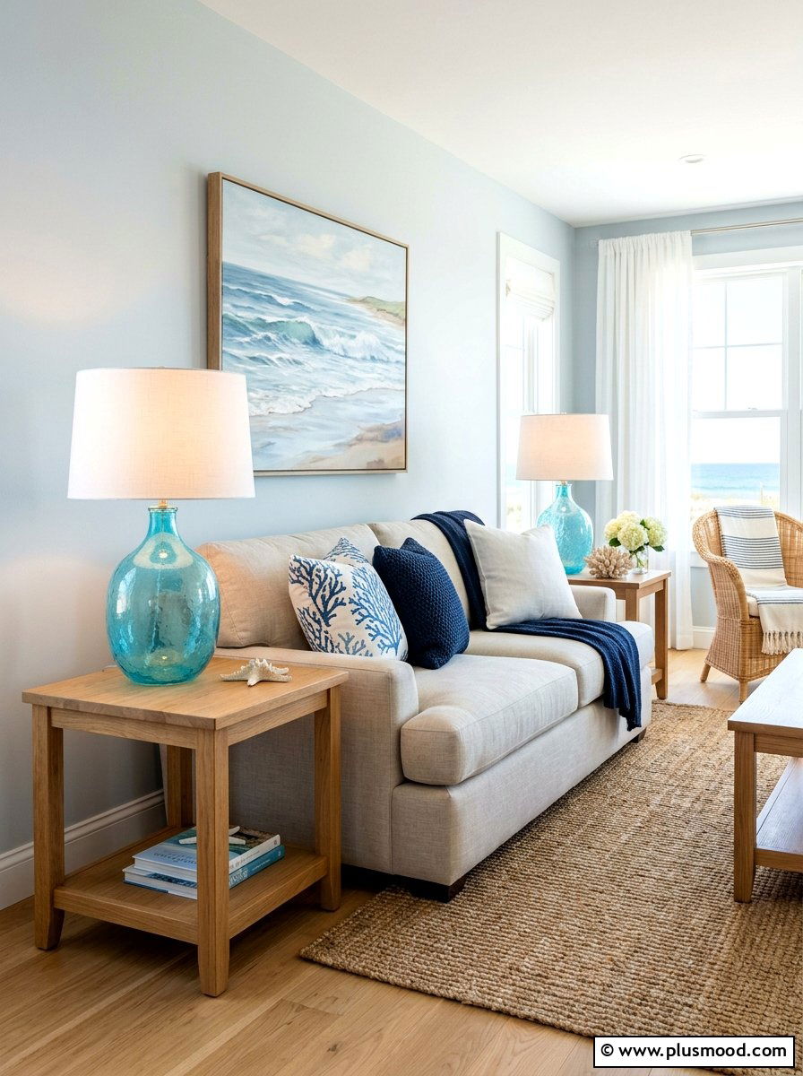 Blue Glass Lamps - 25 coastal summer living room ideas