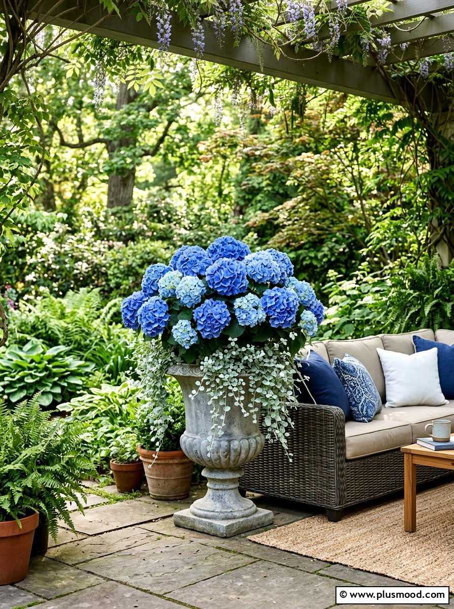 Blue Hydrangea And Silver Licorice - 25 summer mixed container ideas