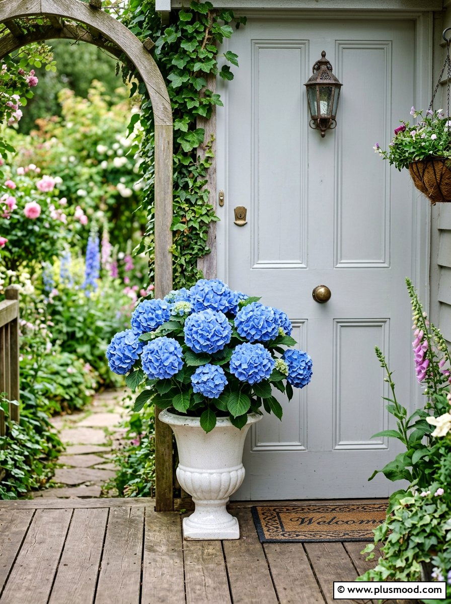 Blue Hydrangea Doorway Pot - 25 summer container ideas for front door