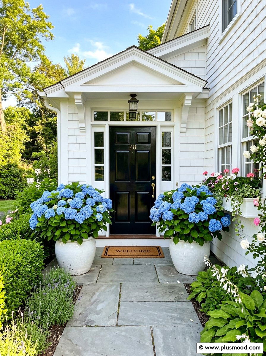 Blue Hydrangea Planter - 25 summer front porch decor ideas for white house