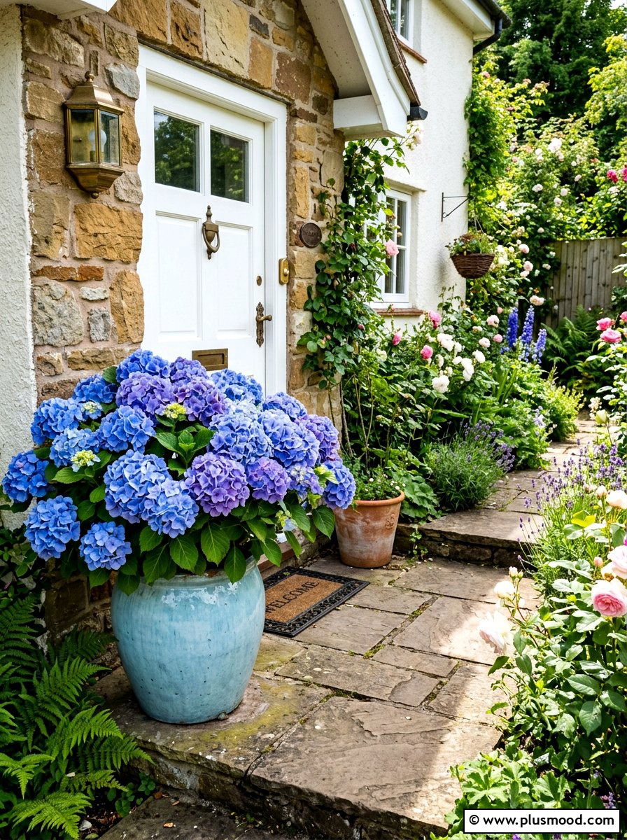 Blue Hydrangea Pot - 25 summer front door planter ideas