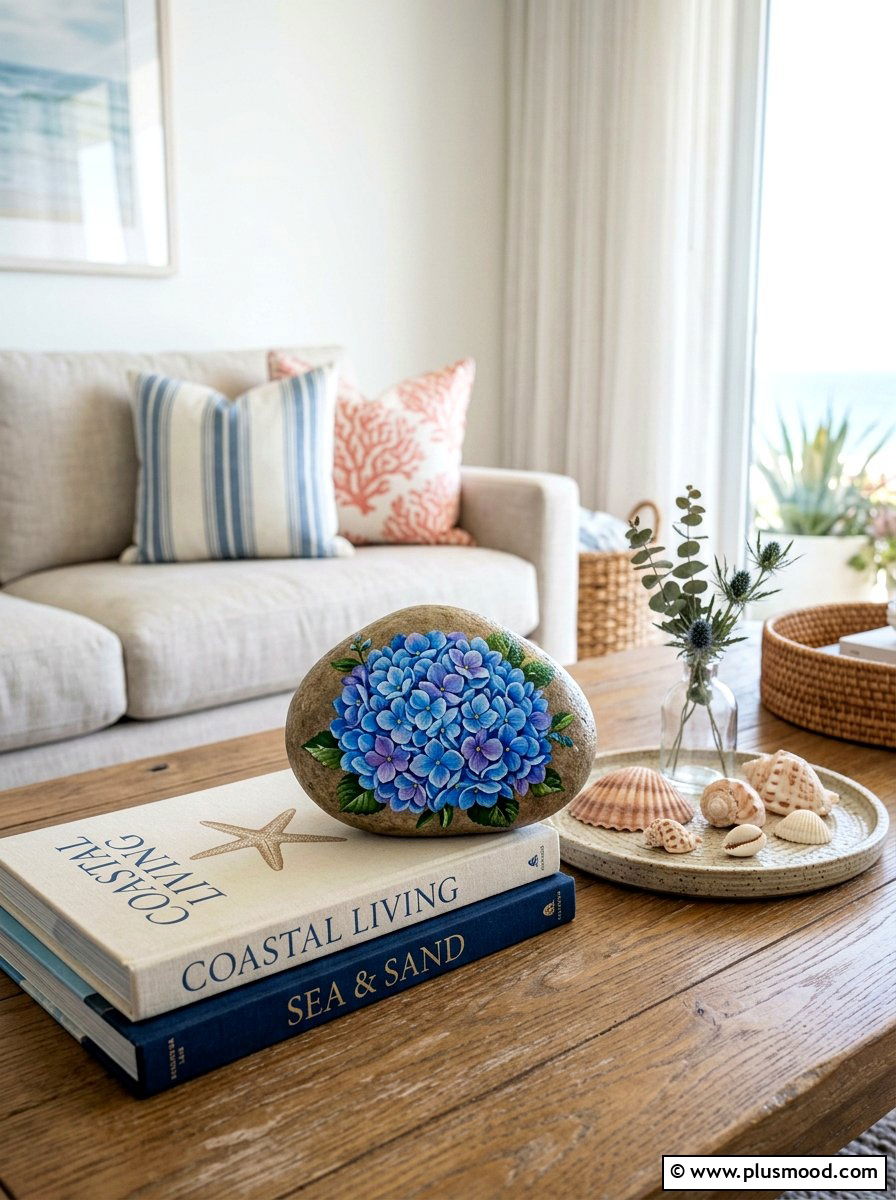 Blue Hydrangea Rock - 25 painted rock ideas with flowers