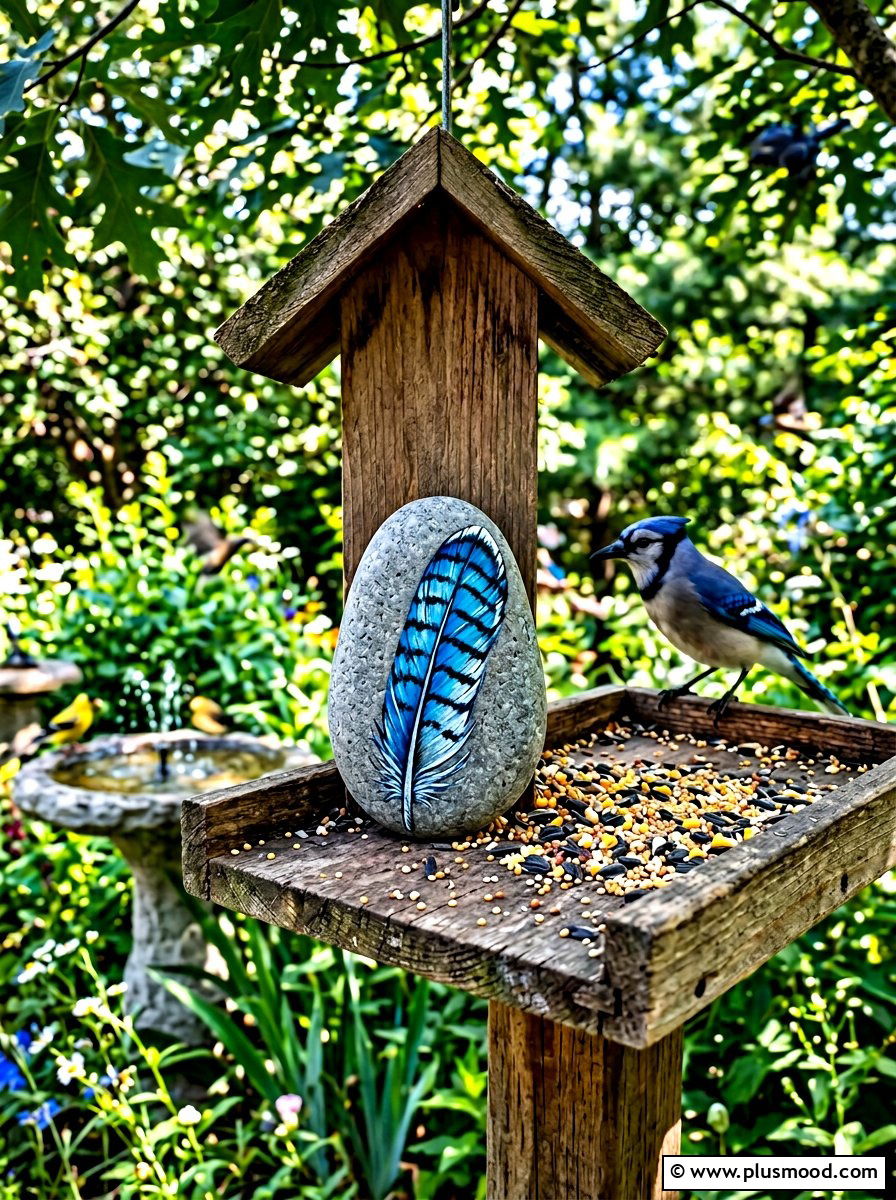 Blue Jay Feather - 25 painted rock ideas with feather design