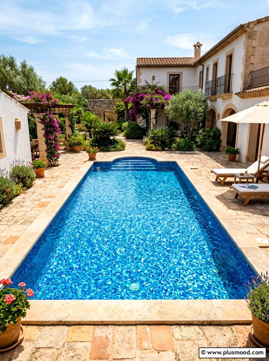 Blue Mosaic Tiles - 25 pool landscaping ideas for courtyard pools