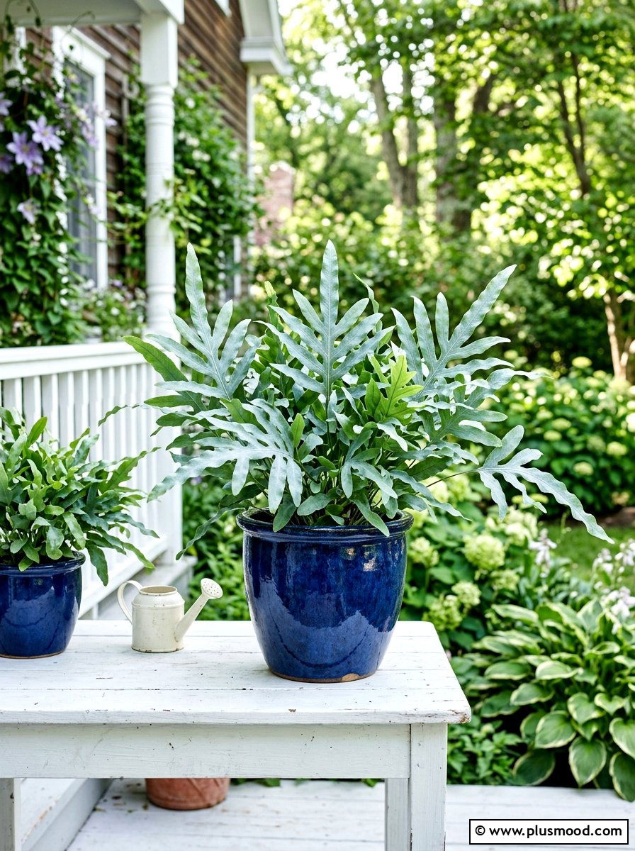 Blue Star Fern in Ceramic Pots - 25 summer potted fern ideas for porch