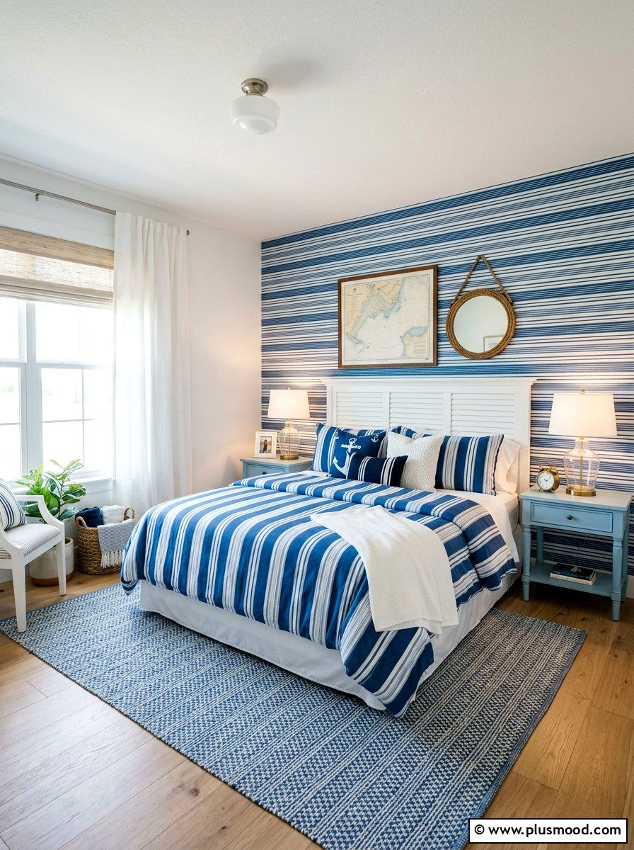 Blue Striped Bedroom - 25 summer beach house decor ideas