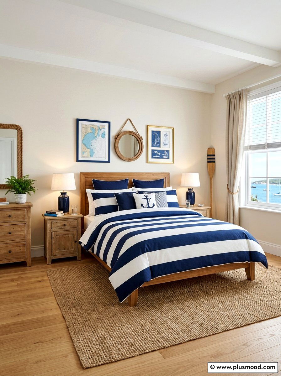 Blue Striped Nautical Bedroom - 25 summer coastal farmhouse bedroom ideas