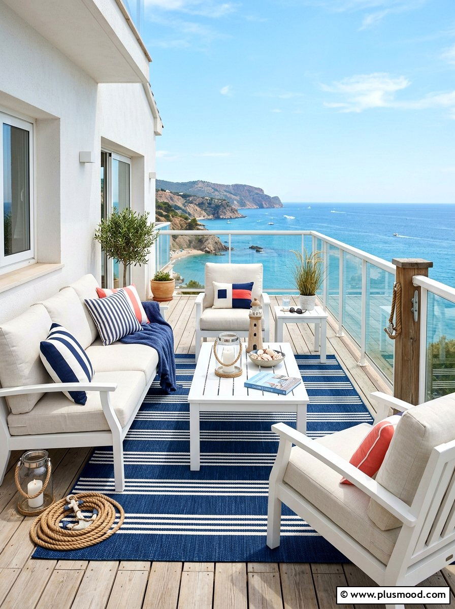 Blue Striped Rug - 25 summer balcony rug ideas