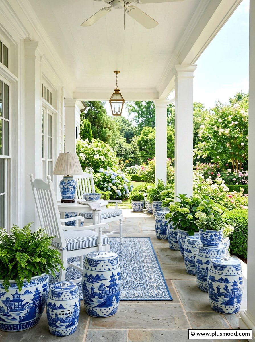 Blue White Chinoiserie Porch Decor - 25 summer front porch decor ideas with blue and white