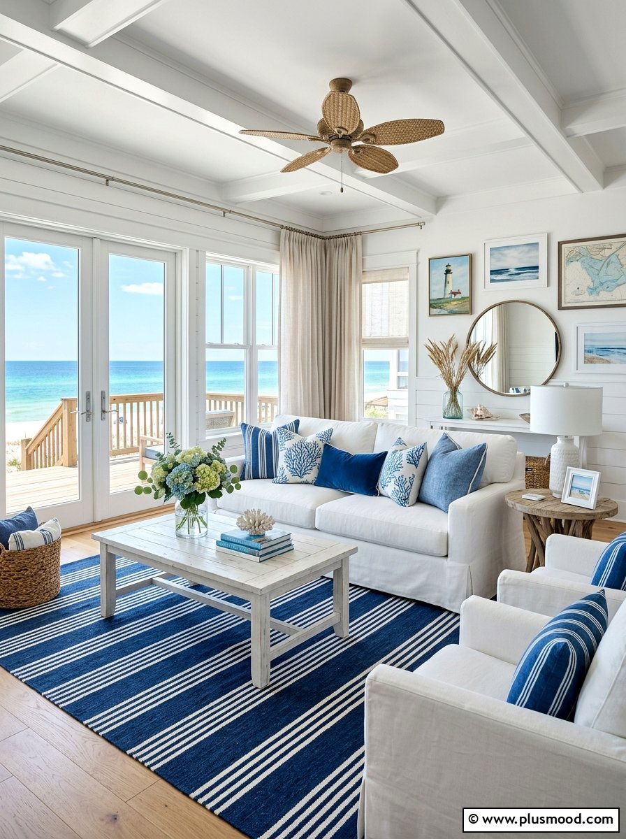 Blue White Coastal Living Room - 25 summer decorating ideas for home