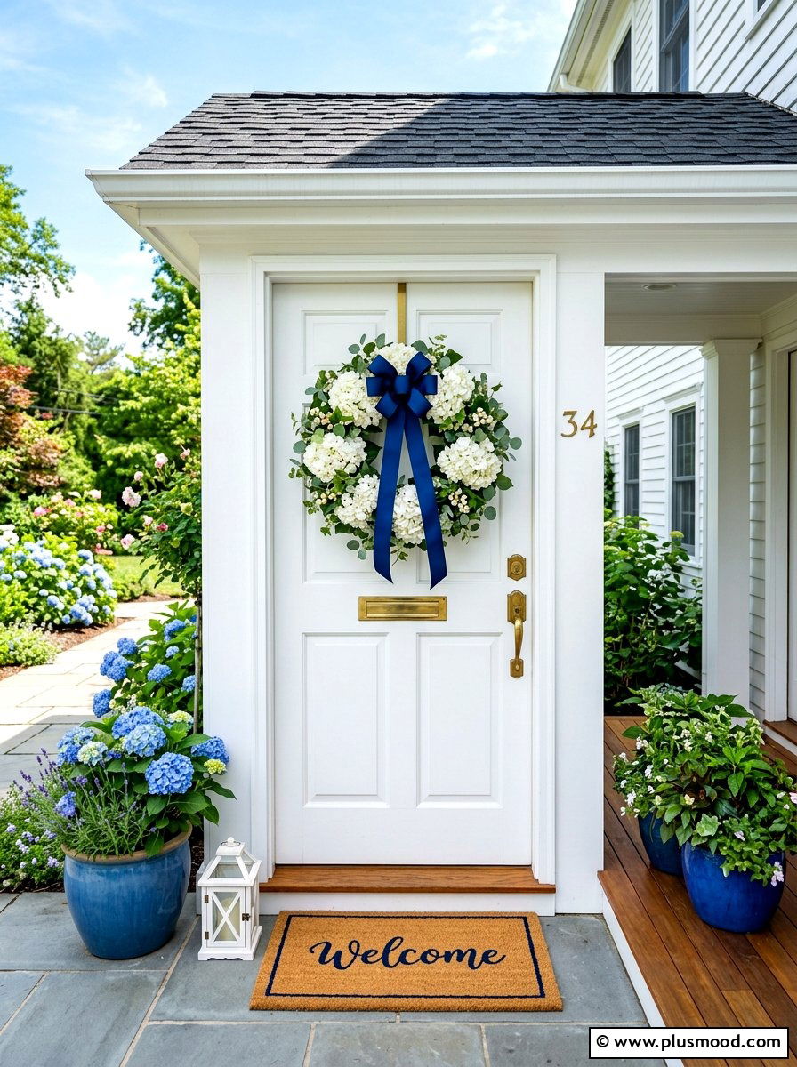 Blue White Door Wreath - 25 summer front porch decor ideas with blue and white