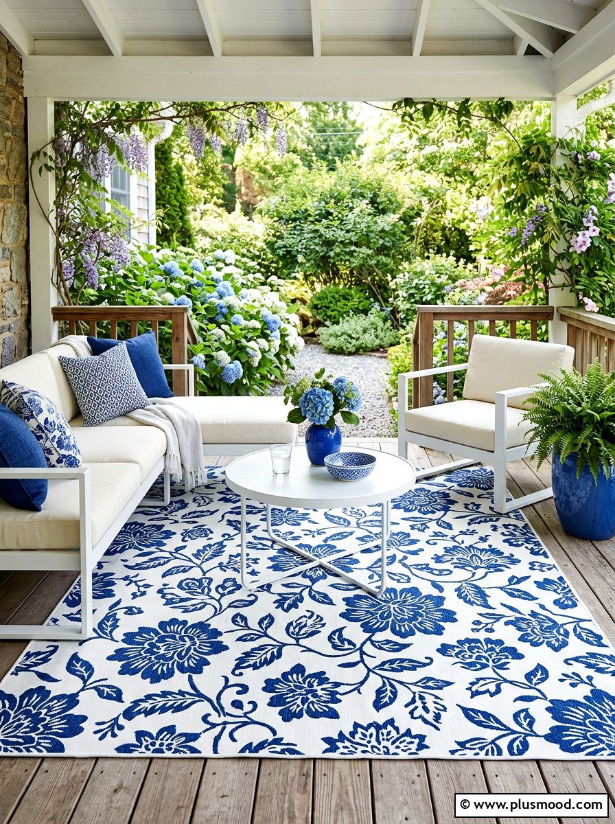 Blue White Floral Porch Rug - 25 summer front porch decor ideas with blue and white