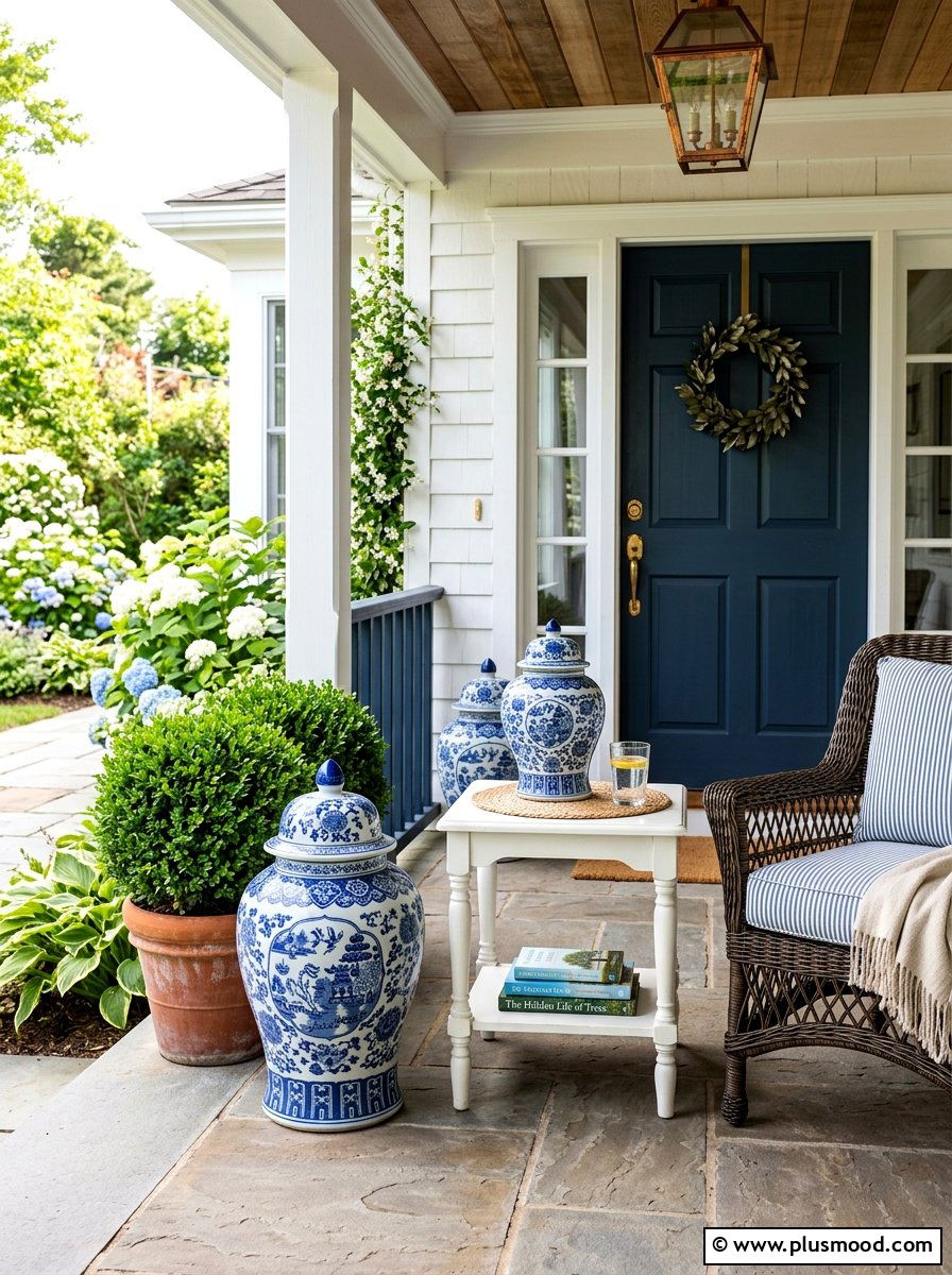 Blue White Ginger Jars Front Porch