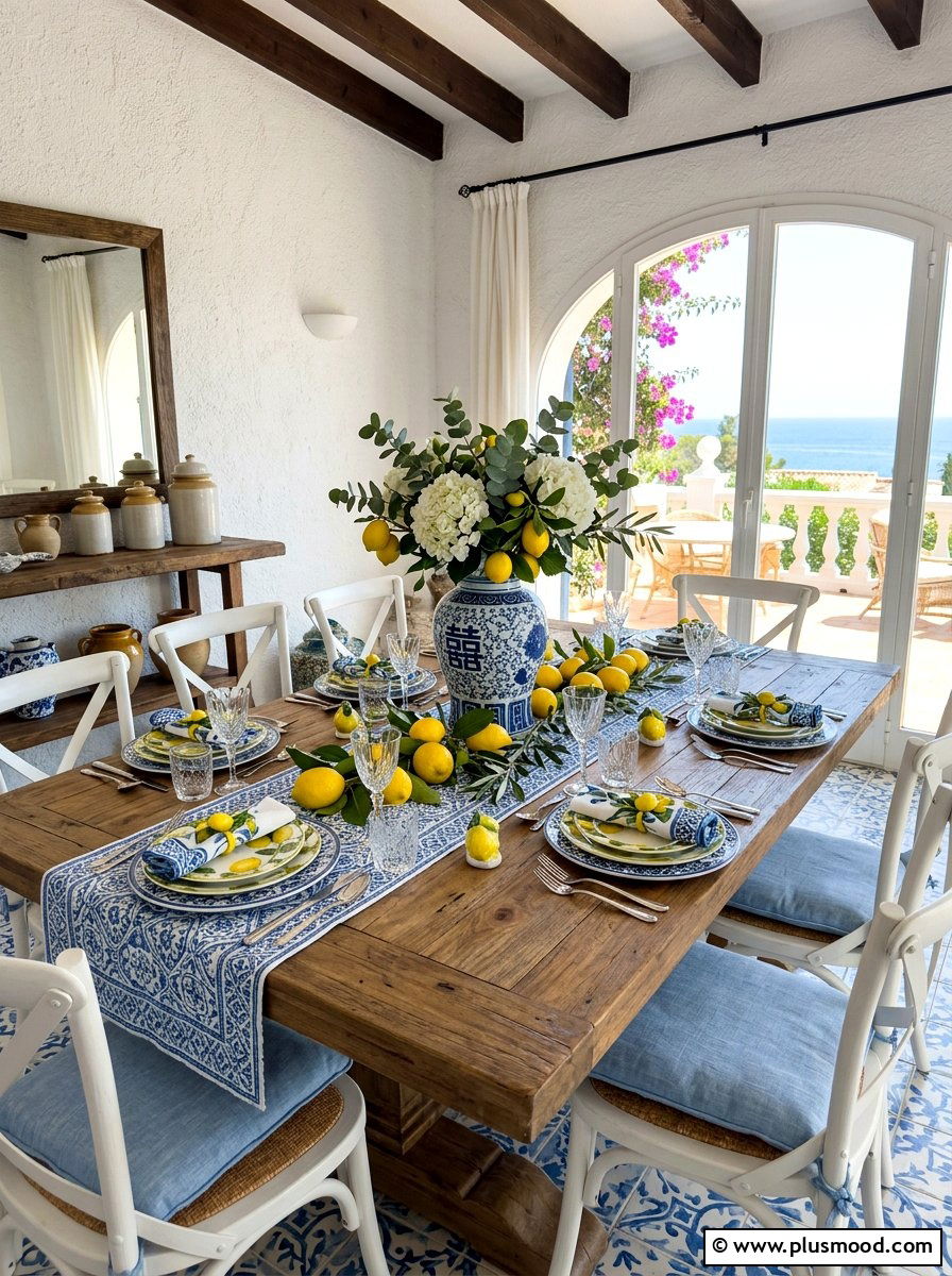 Blue White Lemon Tablescape - 25 summer kitchen decor ideas with lemons