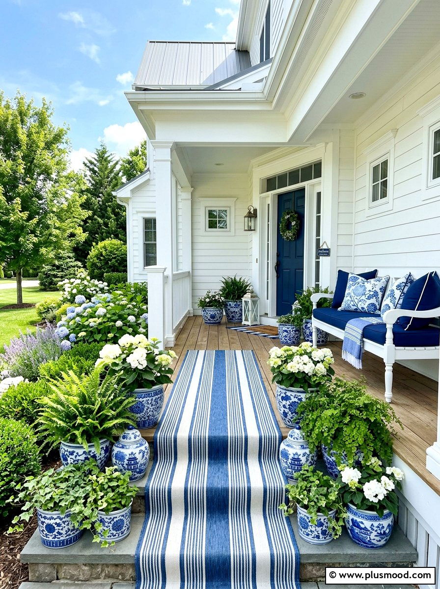 Blue White Porch - 25 summer front steps ideas for summer