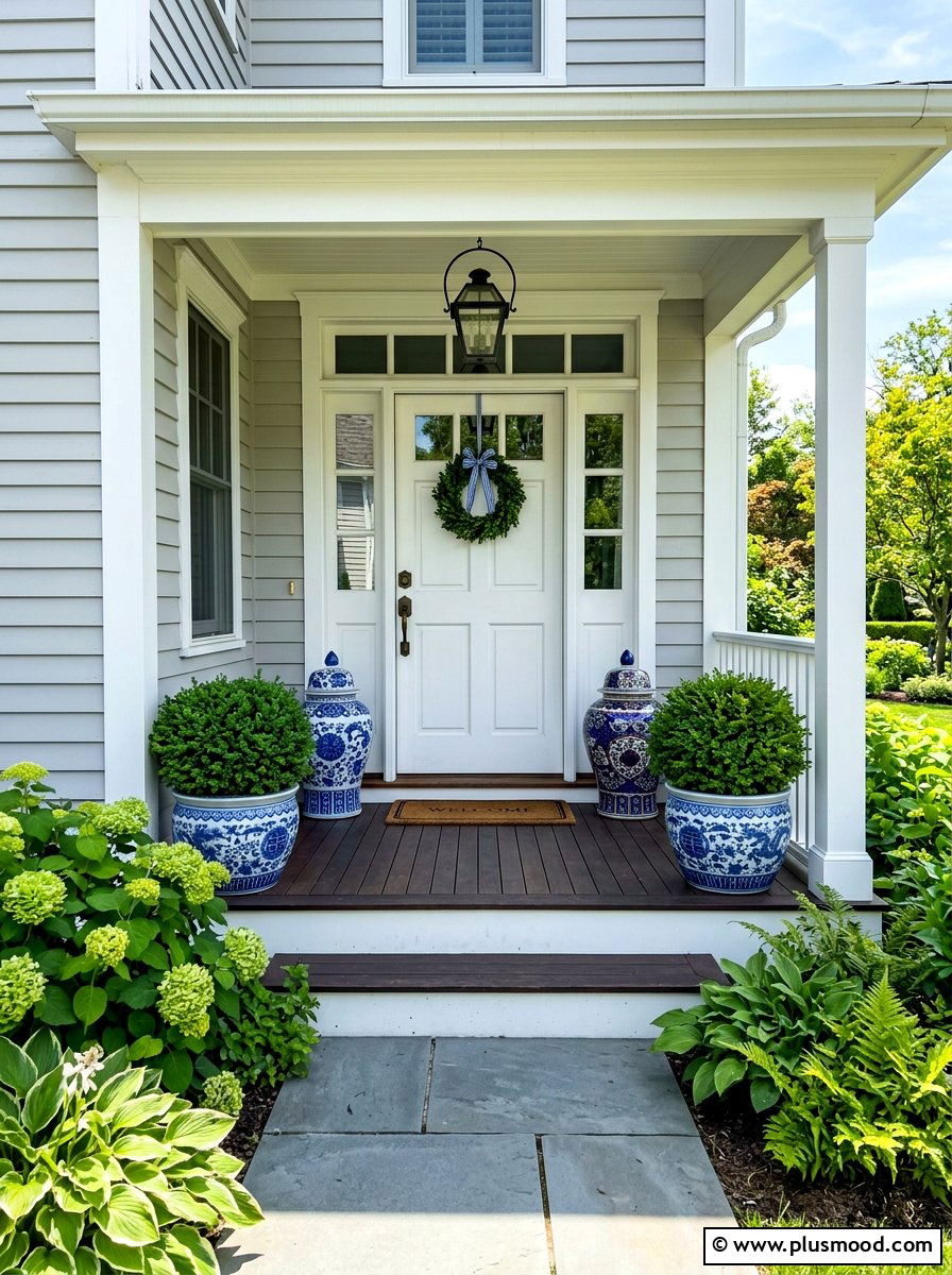Blue White Pottery - 25 late summer front porch ideas