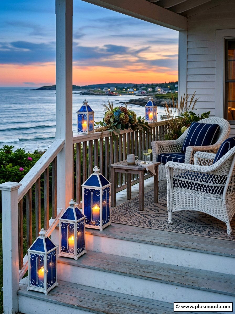 Blue White Seaside Porch Lanterns - 25 summer front porch decor ideas with blue and white