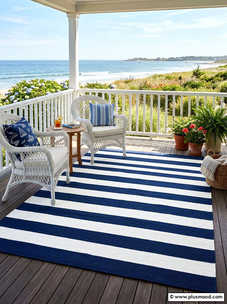 Blue White Striped Outdoor Rug - 25 summer front porch decor ideas with blue and white