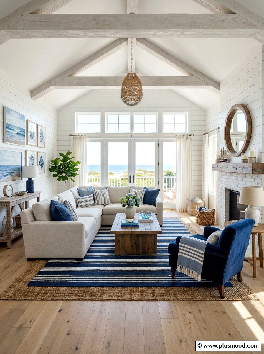 Blue and White Coastal Farmhouse - 25 summer coastal farmhouse living room ideas