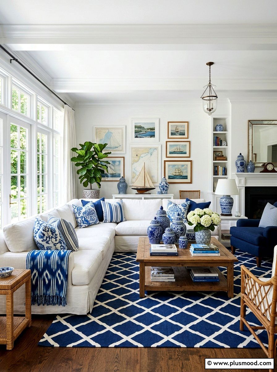 Blue and White Living Room - 25 summer decor ideas for white living room