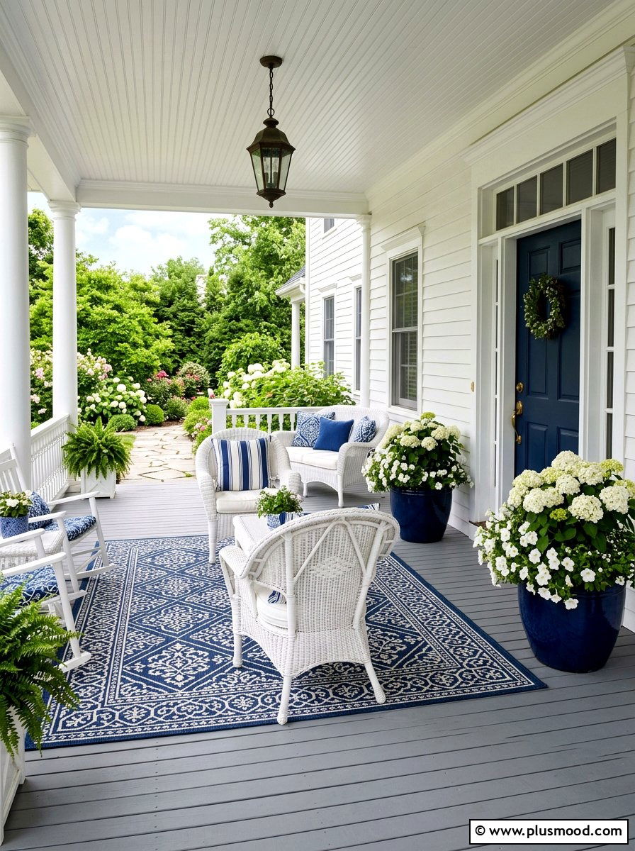Blue and White Porch - 25 summer front steps decor ideas