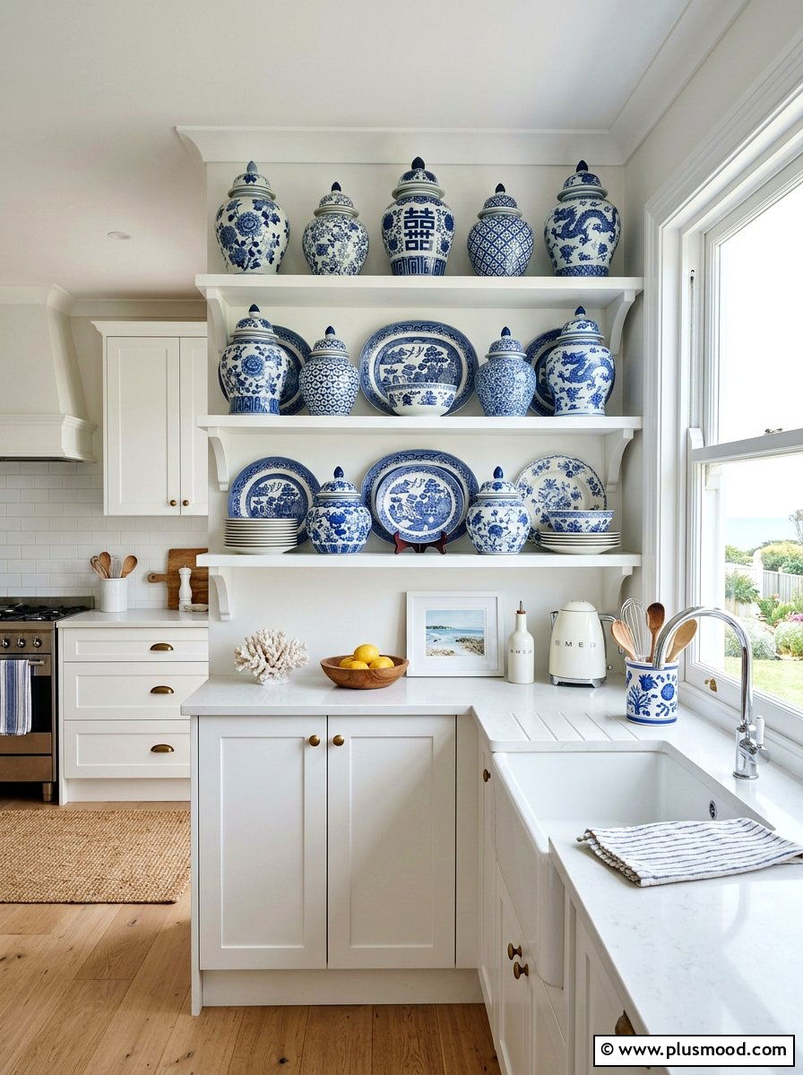 Blue and White Pottery - 25 summer small kitchen decor ideas