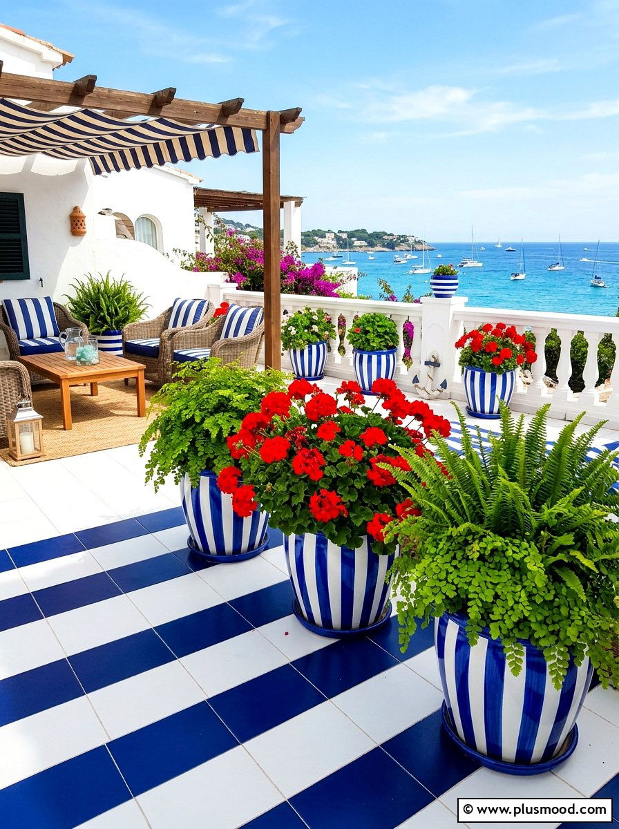 Blue and White Striped Patio - 25 summer blue planter styling ideas