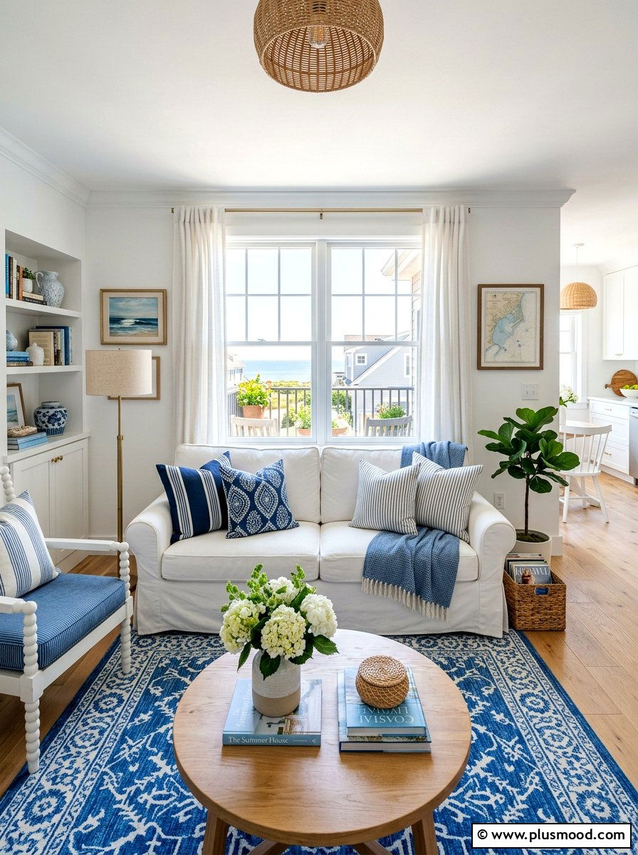 Blue and White Theme - 25 summer decor ideas for small apartments living room