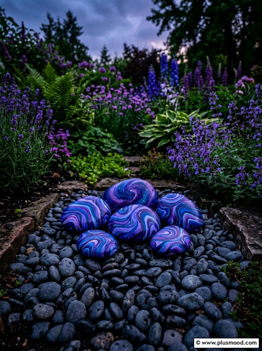 Blue and purple swirl rock painting - 25 painted rock ideas with tie dye effect