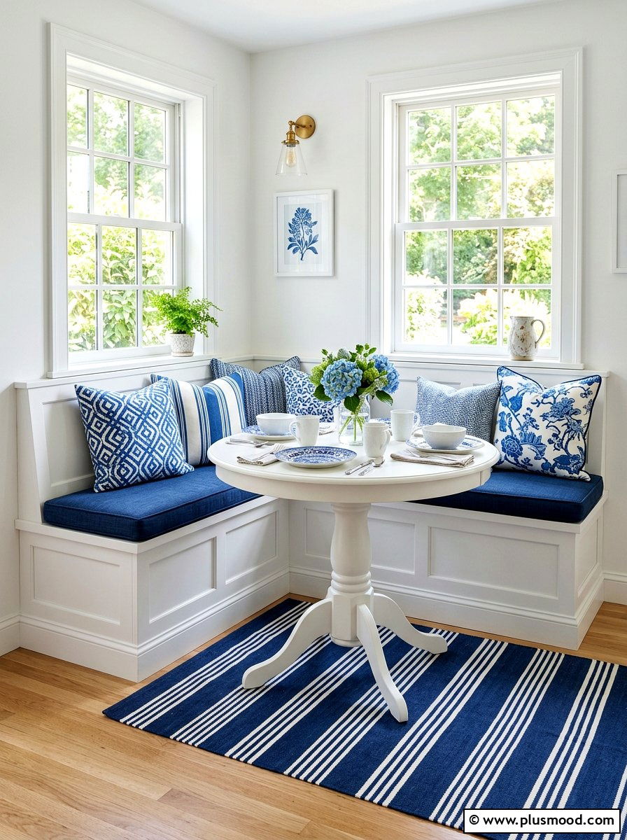 Blue and white breakfast nook - 25 summer blue and white decor ideas