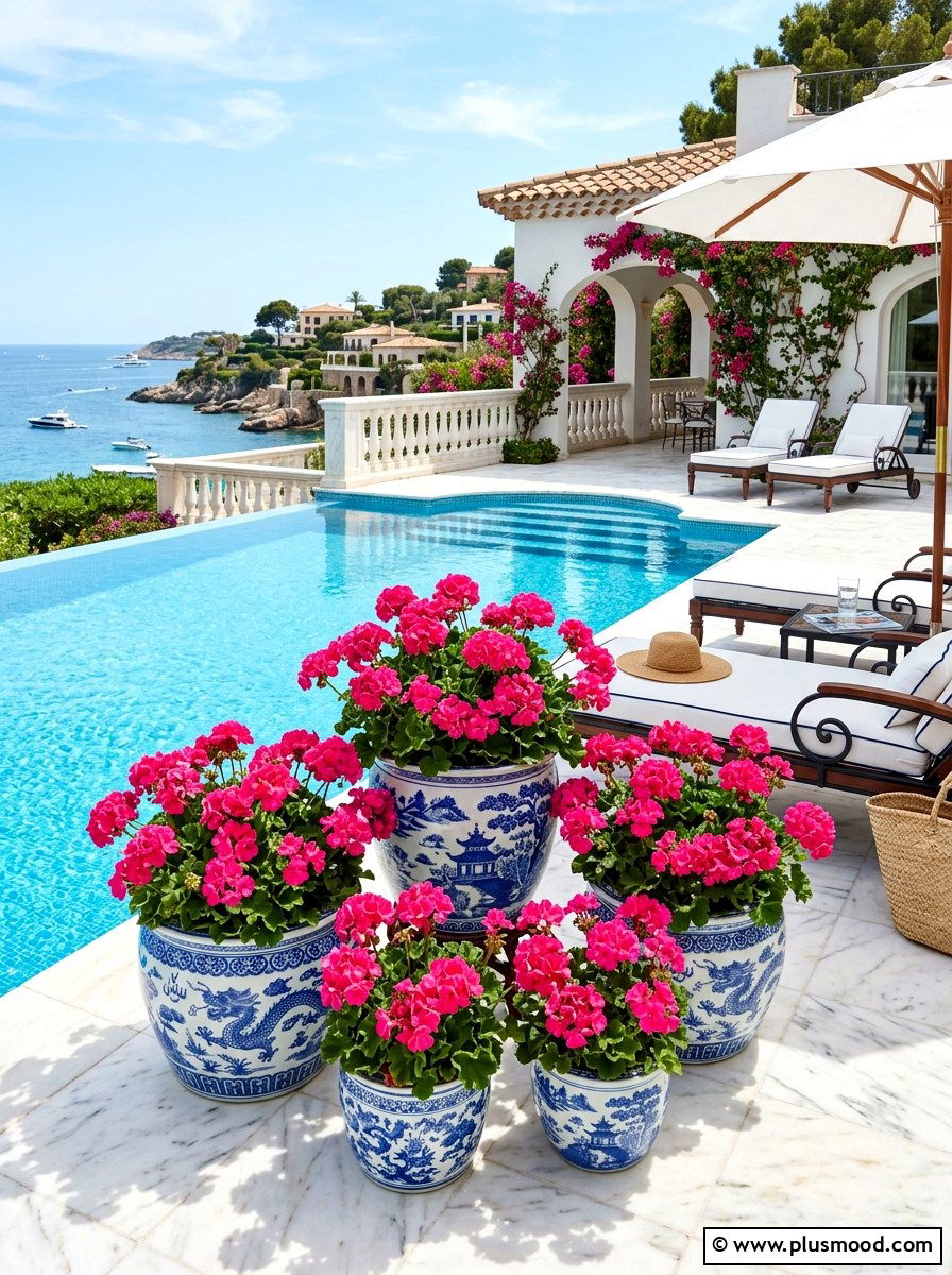 Blue and white ceramic geranium pots - 25 summer planters with geraniums ideas