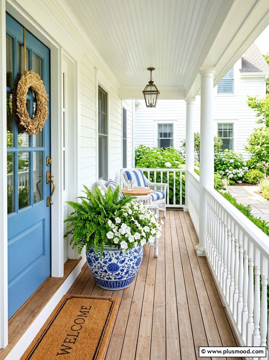 Blue and white ceramic planter - 25 summer coastal planter ideas