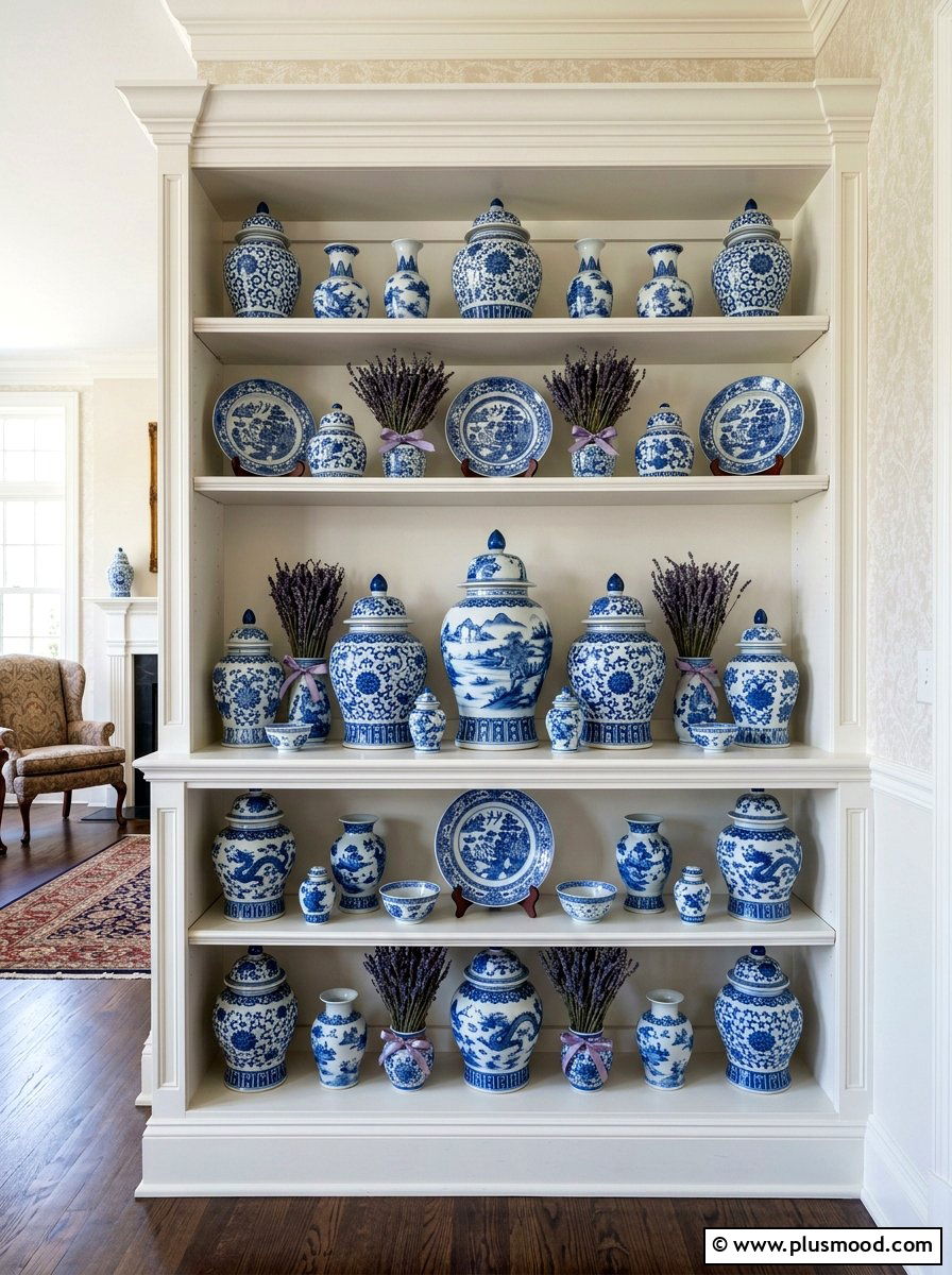 Blue and white ceramics - 25 summer shelf decor ideas
