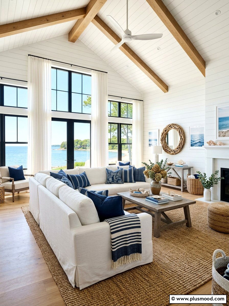 Blue and white coastal living room - 25 summer decor ideas with blue and white