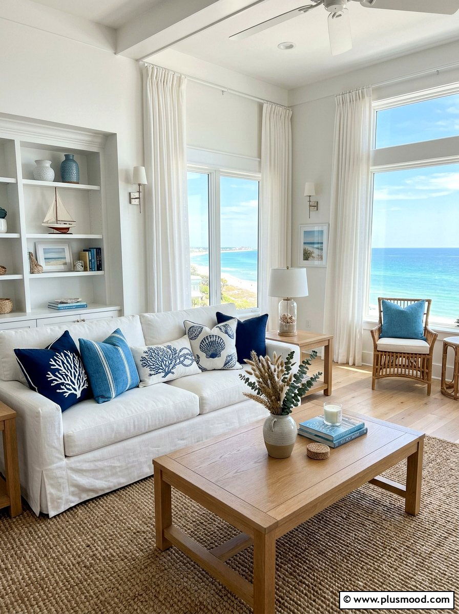 Blue and white coastal living room - 25 summer throw pillow ideas for living room