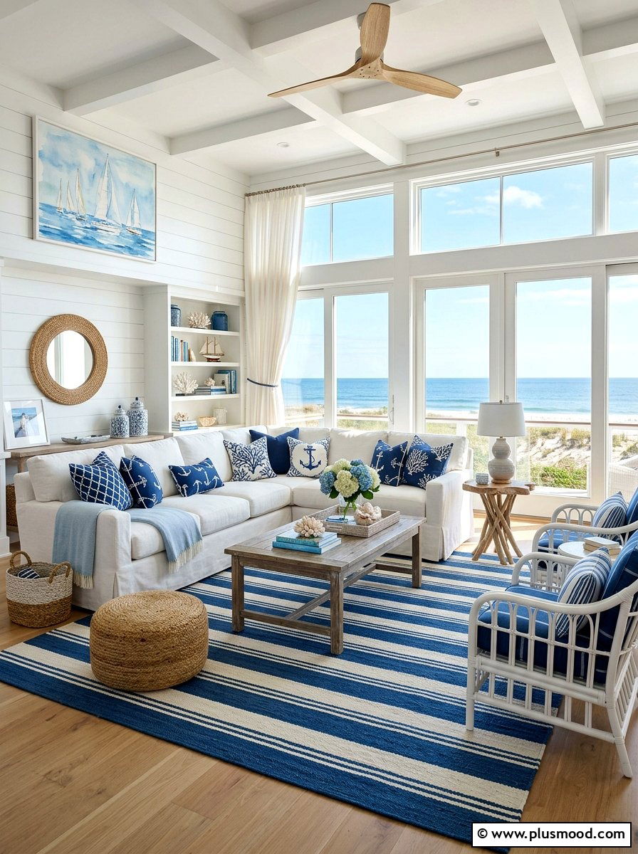 Blue and white coastal living room - 25 summer coastal living room ideas