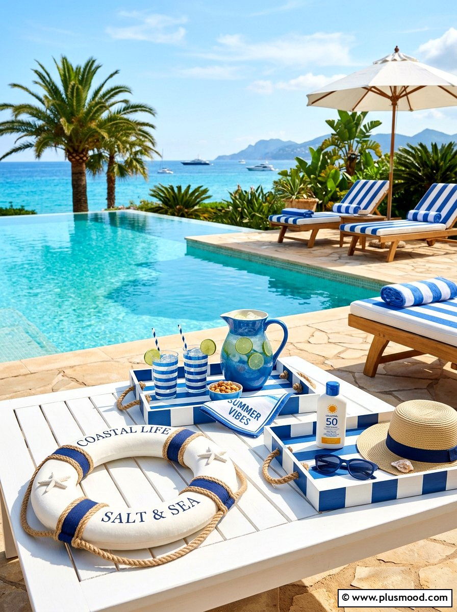 Blue and white coastal pool accessories - 25 summer white and blue pool decor ideas