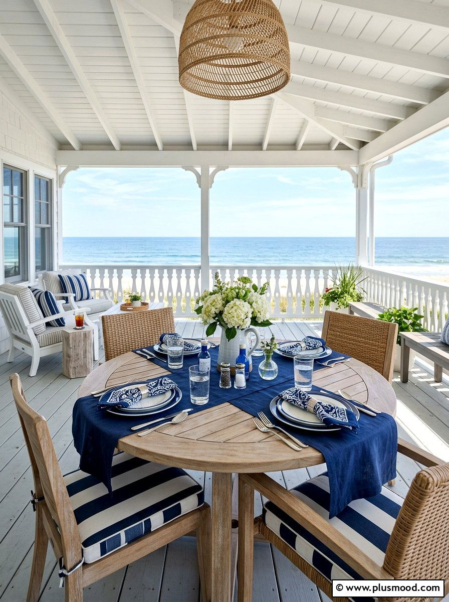 Blue and white coastal porch table - 25 summer porch table decor ideas