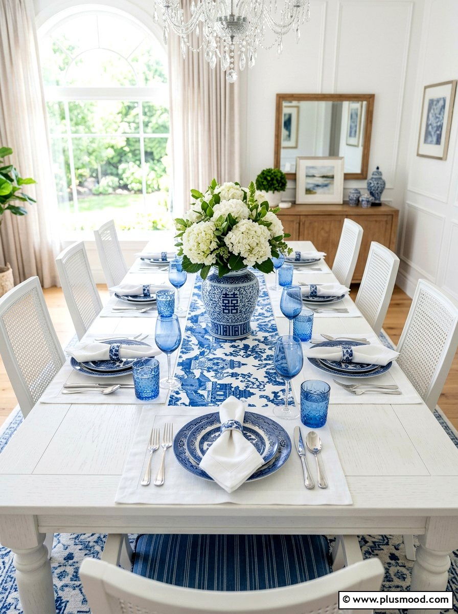 Blue and white dining table - 25 summer blue and white decor ideas