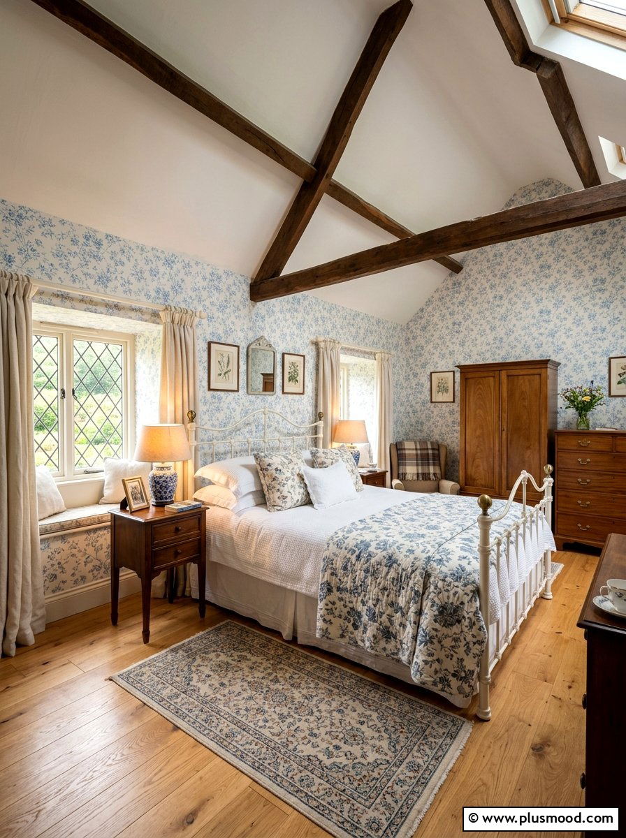 Blue and white floral bedroom - 25 summer English cottage summer decor ideas