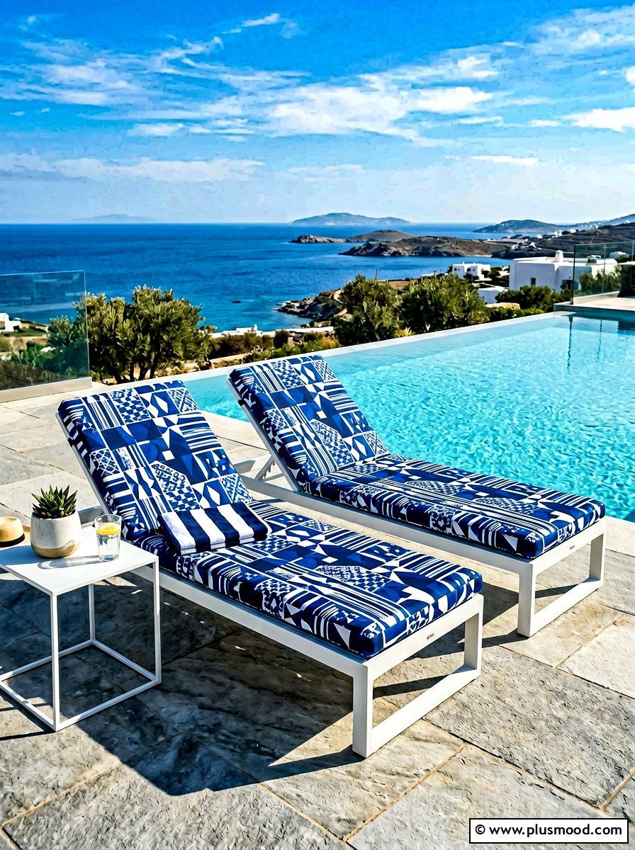 Blue and white geometric outdoor cushions - 25 summer white and blue pool decor ideas
