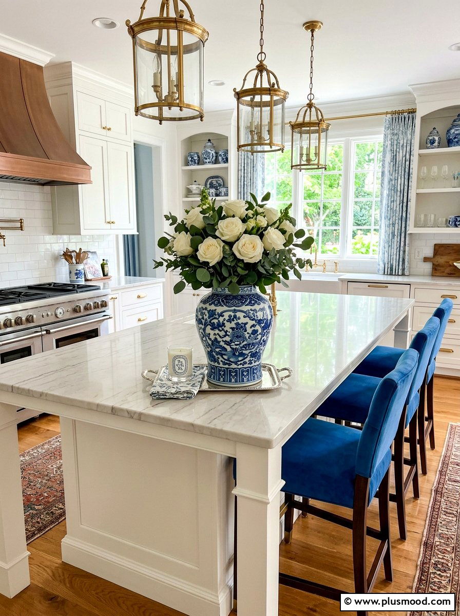 Blue and white ginger jar - 25 summer kitchen centerpiece ideas