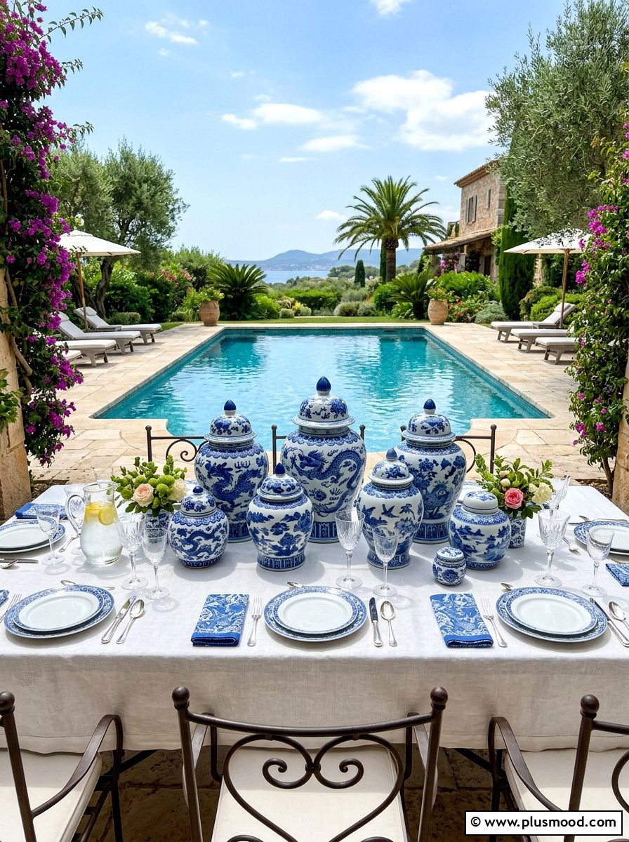 Blue and white ginger jar pool decor - 25 summer white and blue pool decor ideas