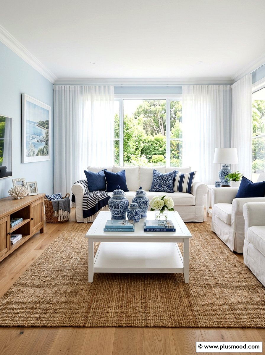 Blue and white living room - 25 summer blue and white decor ideas