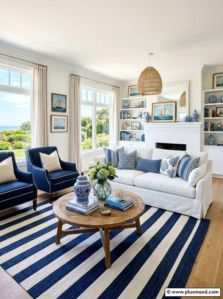 Blue and white living room - 25 summer coastal home decor ideas