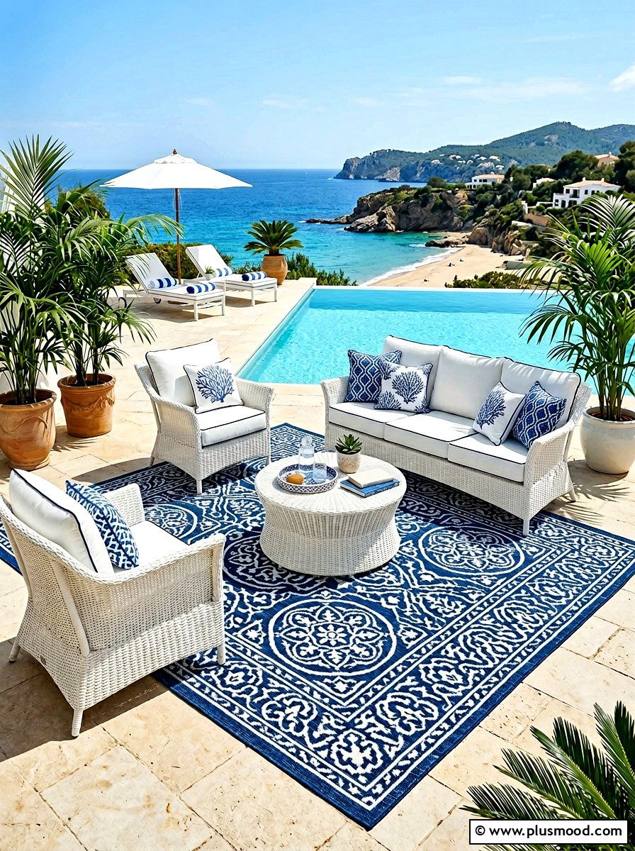 Blue and white patterned outdoor rugs - 25 summer white and blue pool decor ideas