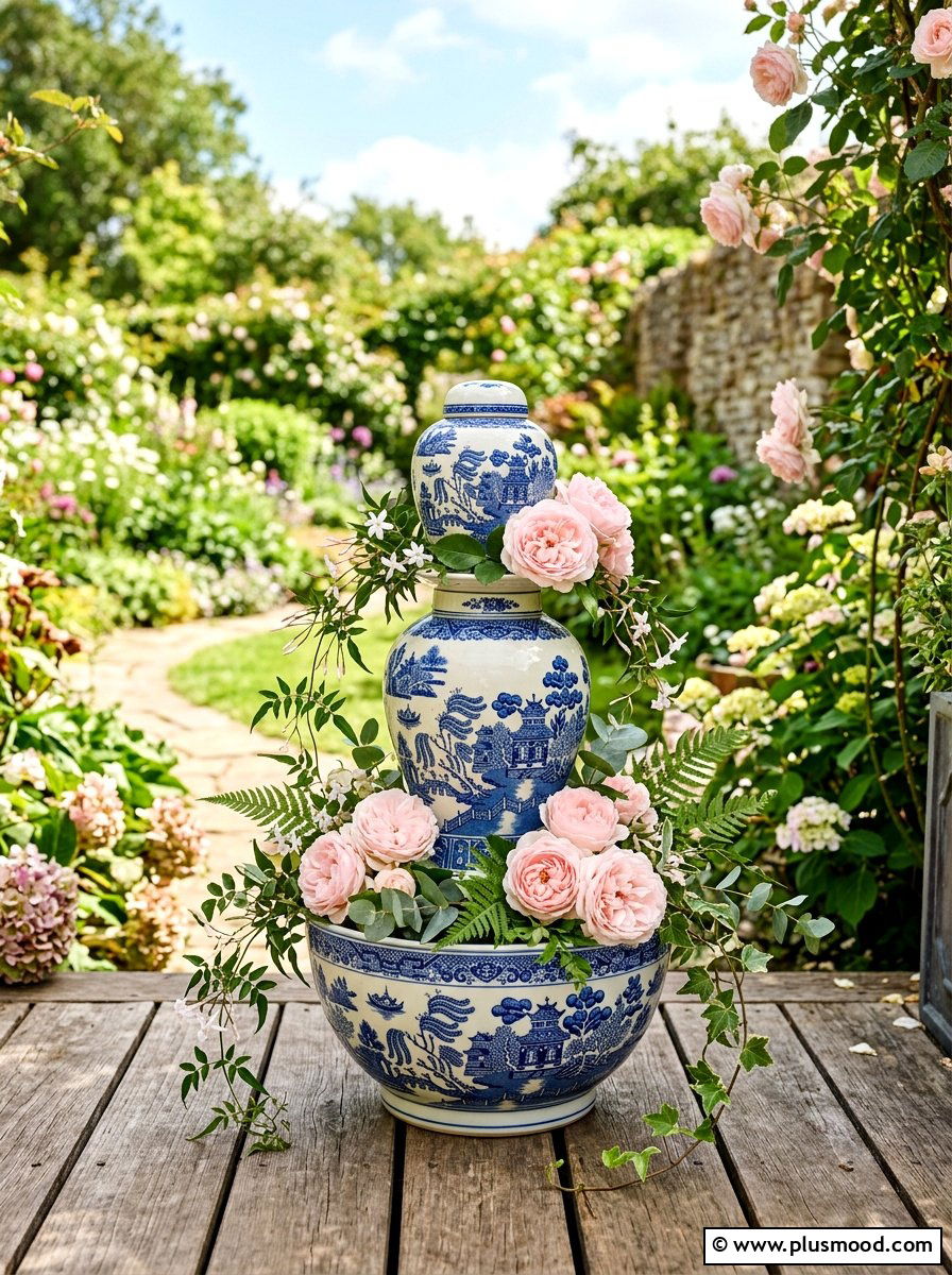 Blue and white porcelain stack - 25 summer stacked planter ideas