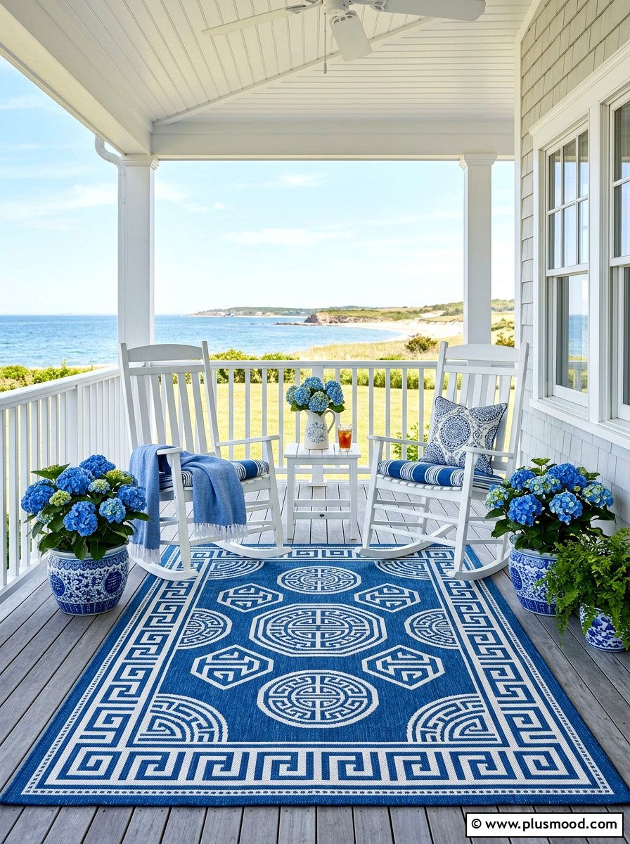 Blue and white porch rug with hydrangeas - 25 summer front porch decor ideas with hydrangeas