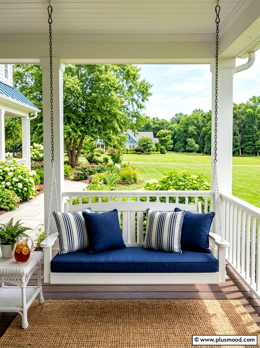 Blue and white porch swing - 25 summer blue and white decor ideas