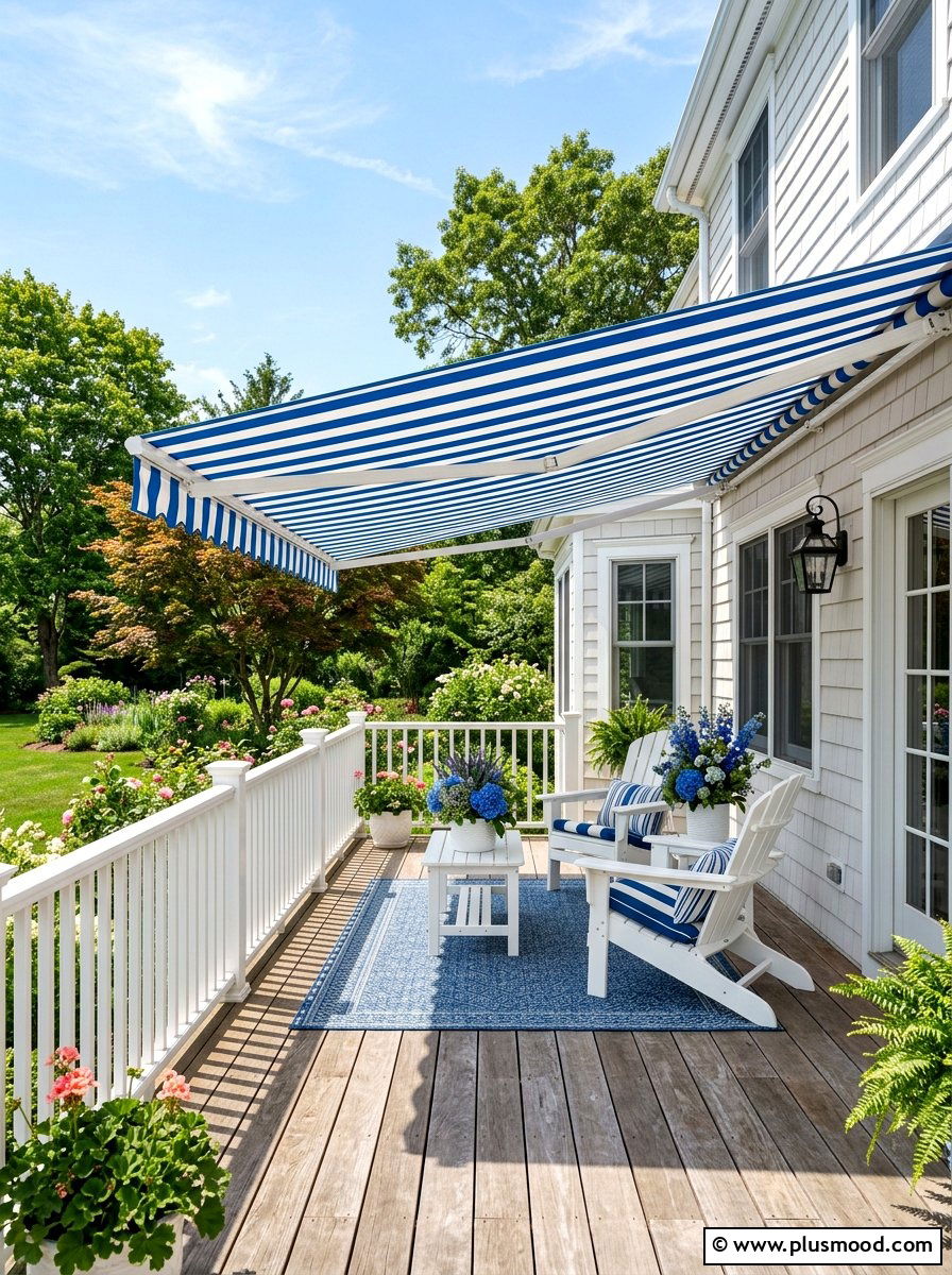 Blue and white striped awning - 25 summer decor ideas with blue and white